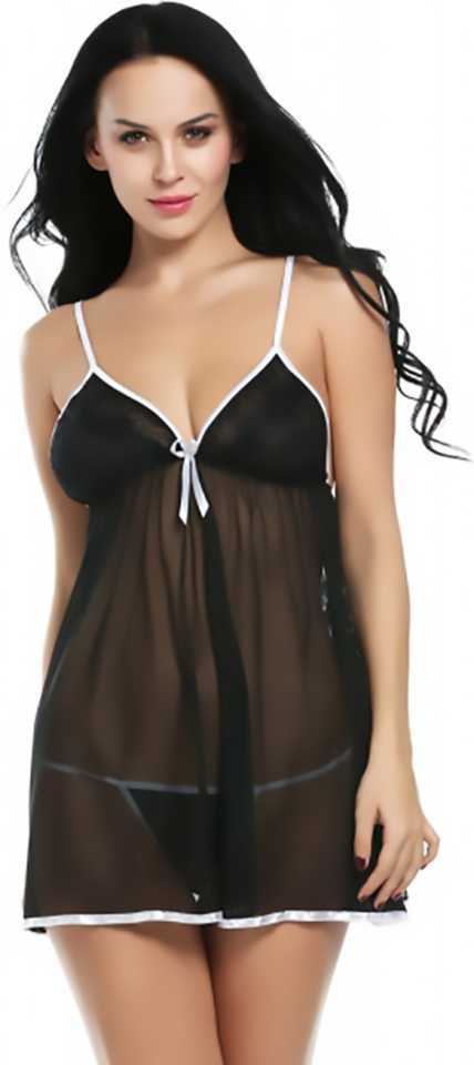 Sexy Sheer Babydoll Nightwear Elegant Lingerie with Black and White Trim Accents