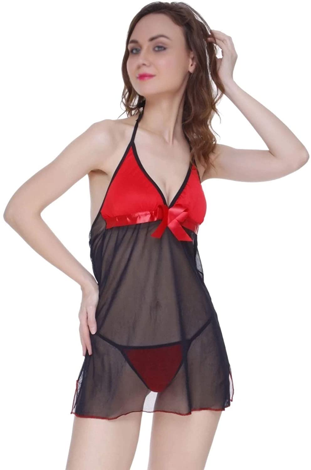 Sexy Red and Black Sheer Babydoll Lingerie with Satin Bow – Sexy Nightwear Set