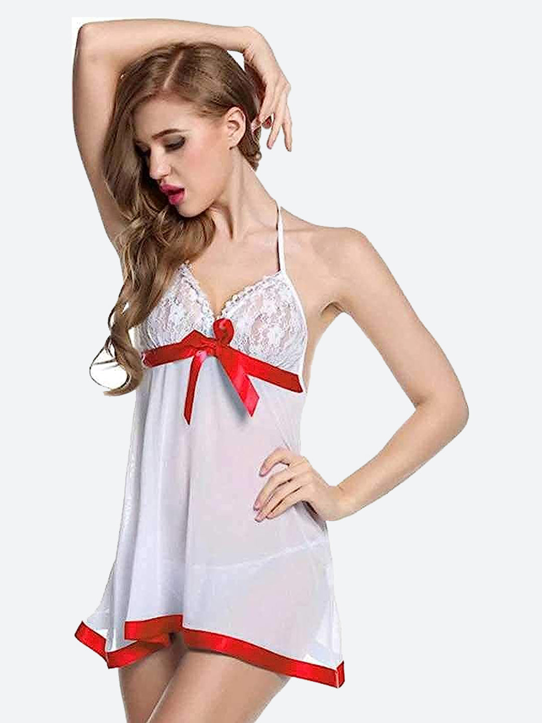 Women's Lace Sheer Babydoll Lingerie with  Black ,Red ,Sky Blue  Bow – Sexy Halter Neck Nightwear