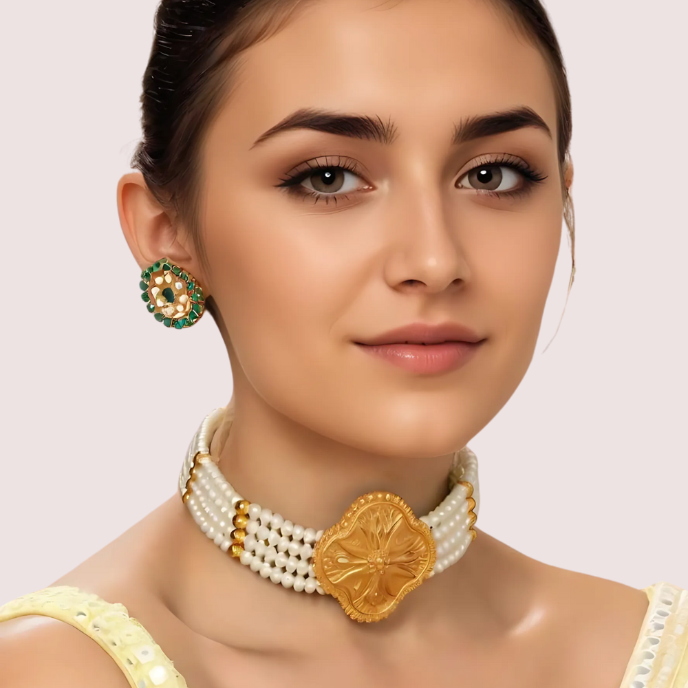 Royal Blossom Pearl Necklace with Ornate Floral Gold Pendant