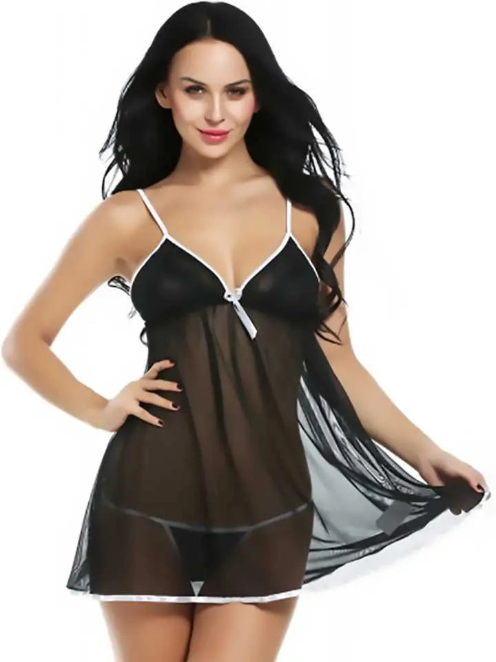 Sexy Sheer Babydoll Nightwear Elegant Lingerie with Black and White Trim Accents - luxuriesbliss