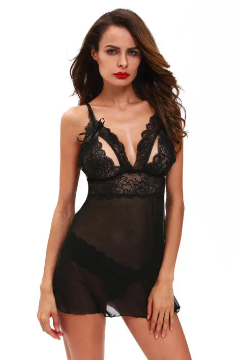 Sexy Net Babydoll Lingerie Set with G-String-Sheer Nightwear - luxuriesbliss