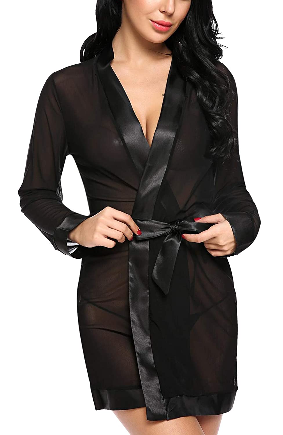 Women's Sexy Sheer Black Babydoll Lingerie Robe with Satin Belt – Nightwear for Women