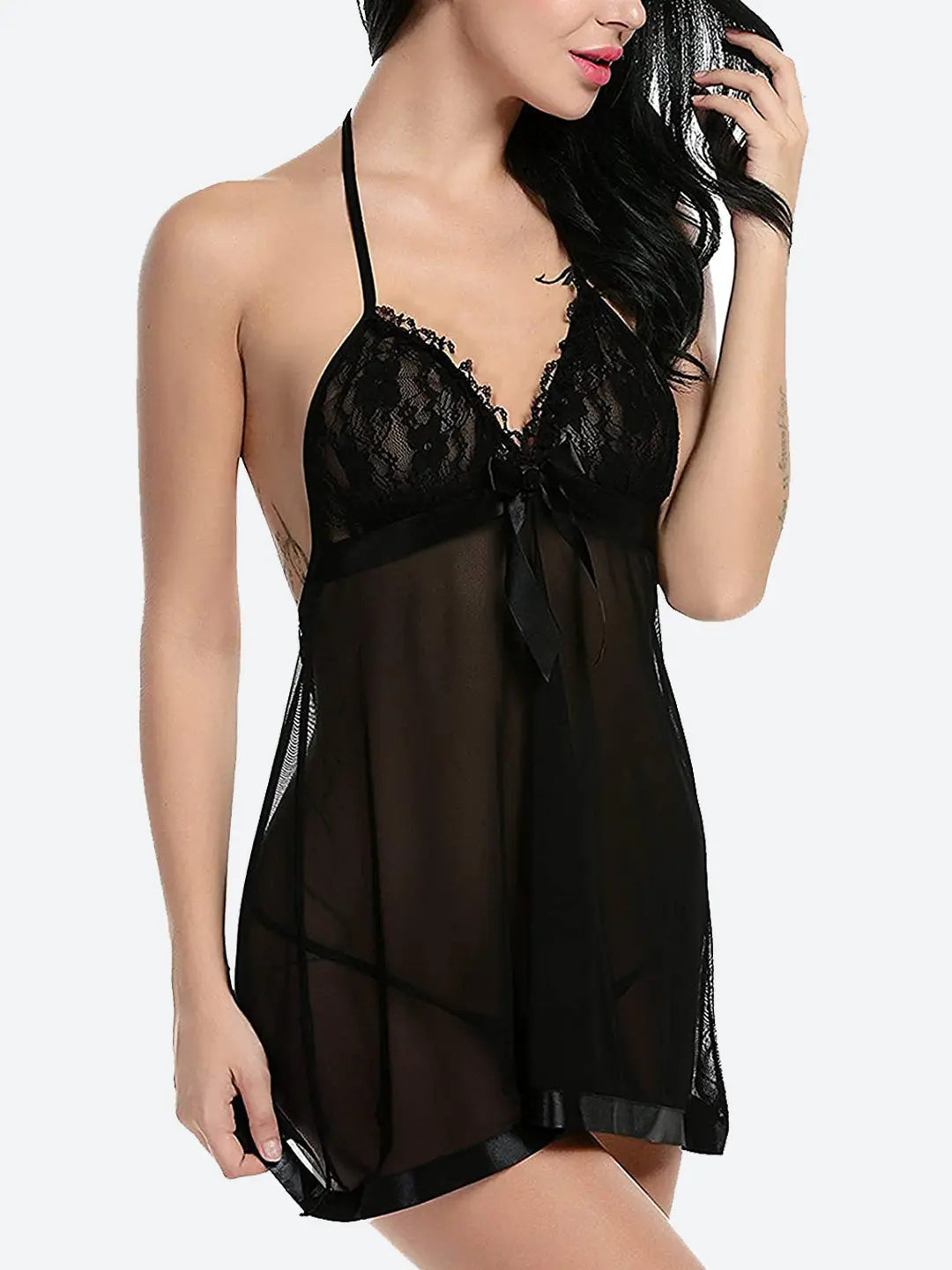 Women&#39;s Lace Sheer Babydoll Lingerie with Satin Trim – Halter Neck Sexy Nightwear - luxuriesbliss