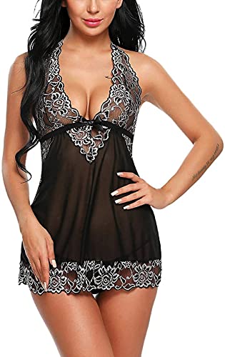 Lingerie Set Sexy Babydoll Nightwear in Black, Blue and Maroon Colors - Sheer Lace Sleepwear with Adjustable Straps"