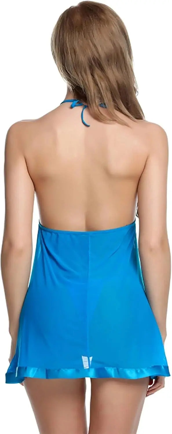 Women&#39;s Lace Sheer Babydoll Lingerie with Satin Trim – Halter Neck Sexy Nightwear - luxuriesbliss