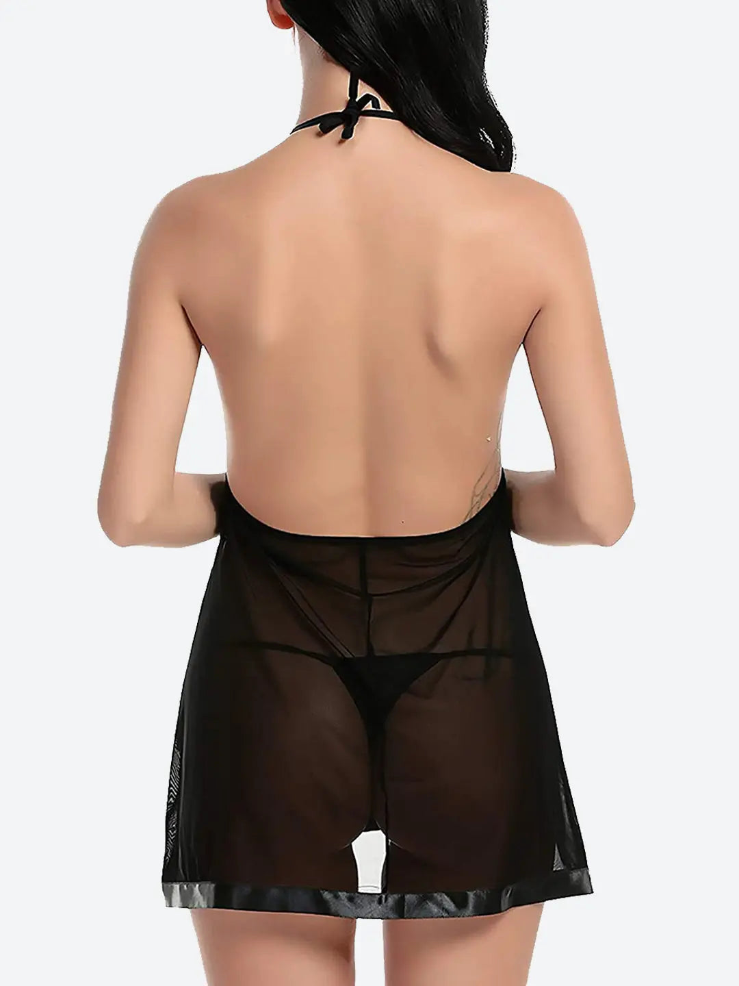 Women&#39;s Lace Sheer Babydoll Lingerie with Satin Trim – Halter Neck Sexy Nightwear - luxuriesbliss