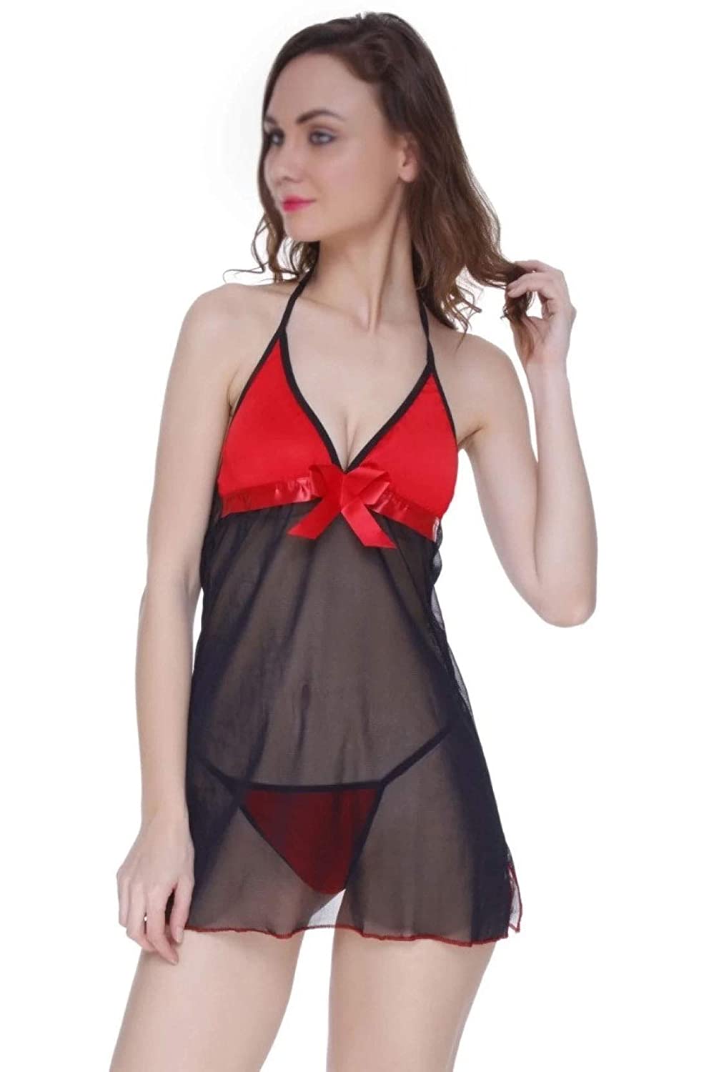 Sexy Red and Black Sheer Babydoll Lingerie with Satin Bow – Sexy Nightwear Set