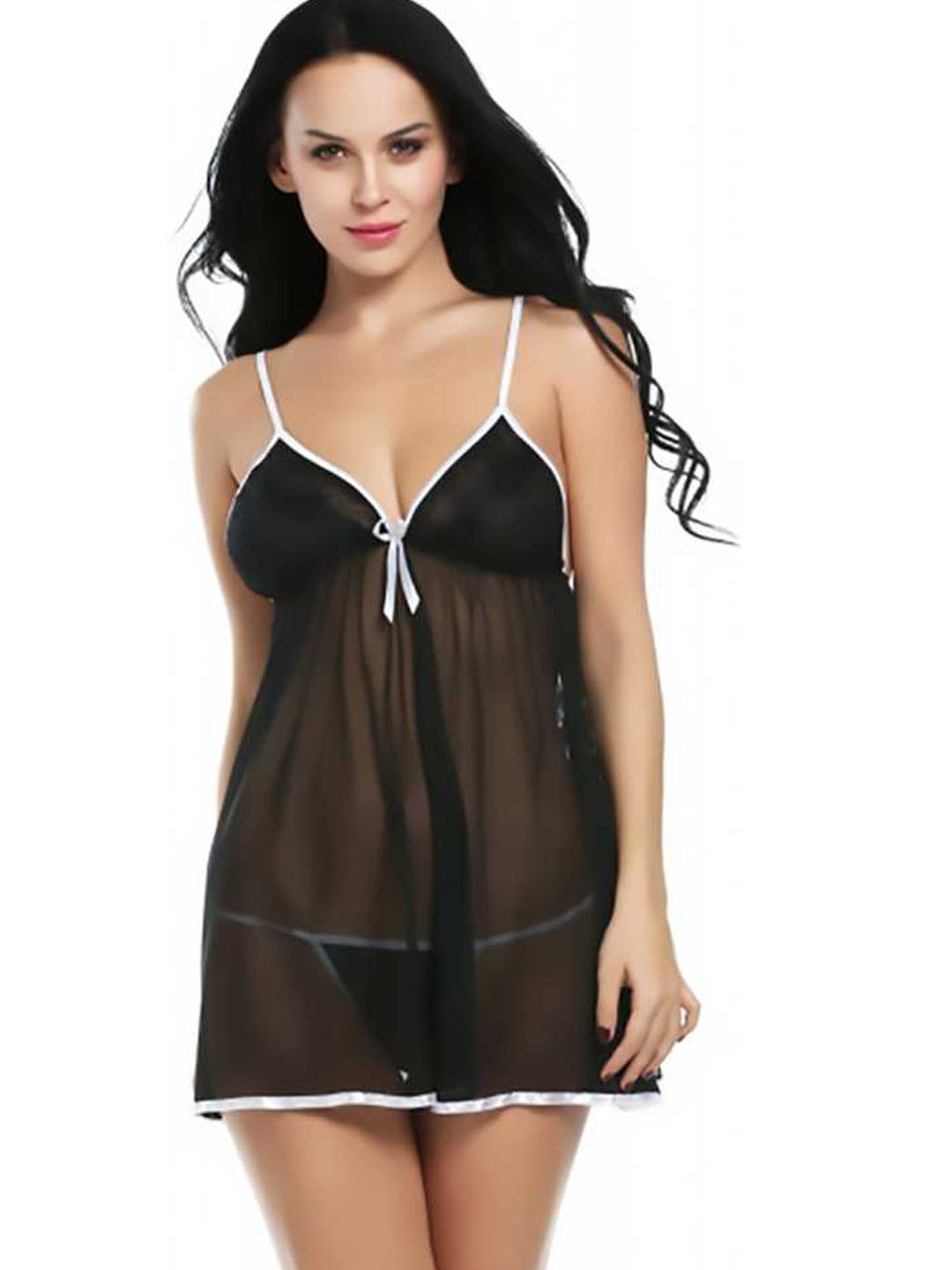 Sexy Sheer Babydoll Nightwear Elegant Lingerie with Black and White Trim Accents