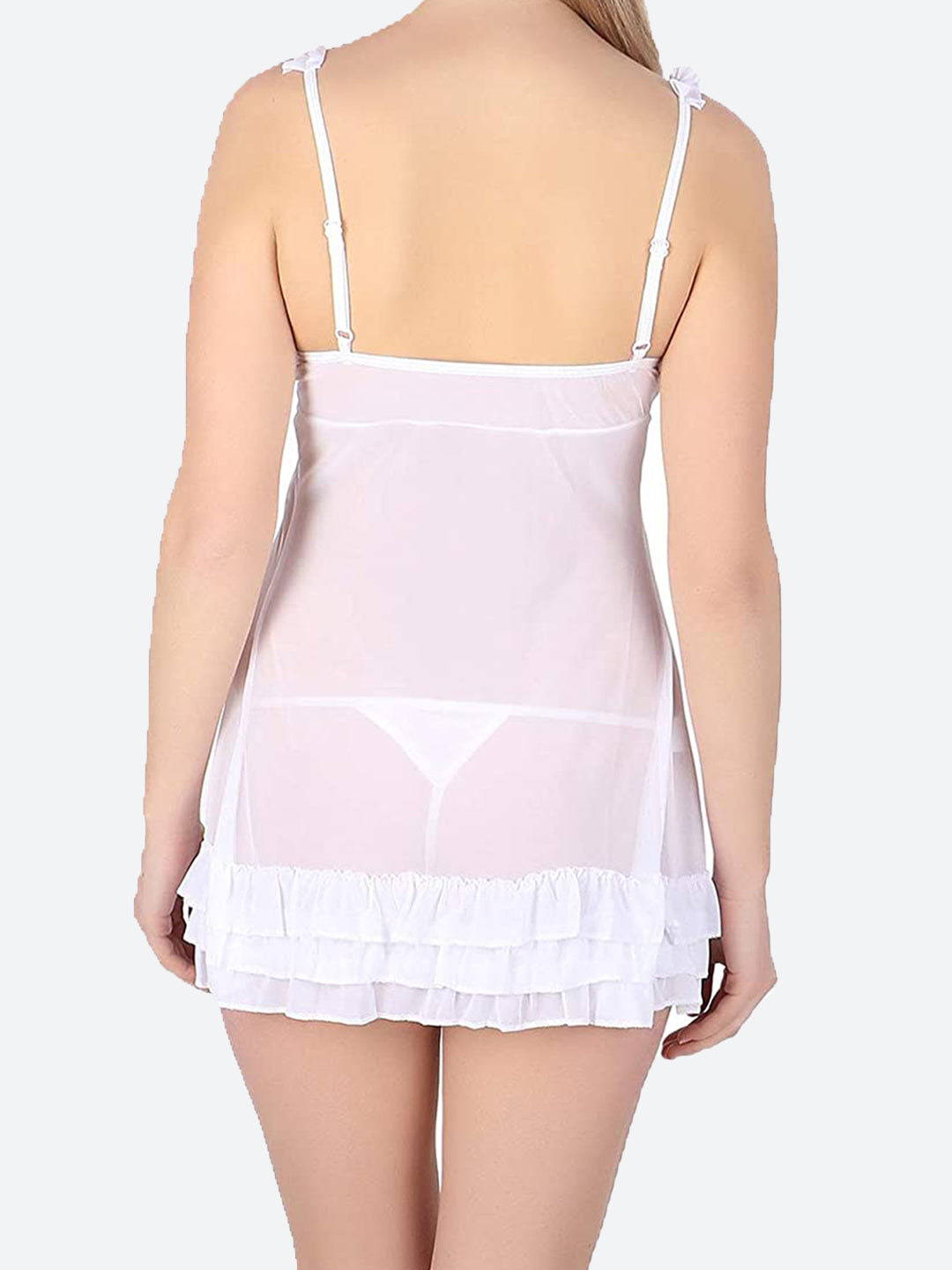 Sexy Lingerie Set - Lace Trimmed Babydoll Sleepwear with Ruffled Hem and Bowknot Front - Available in Pink and White