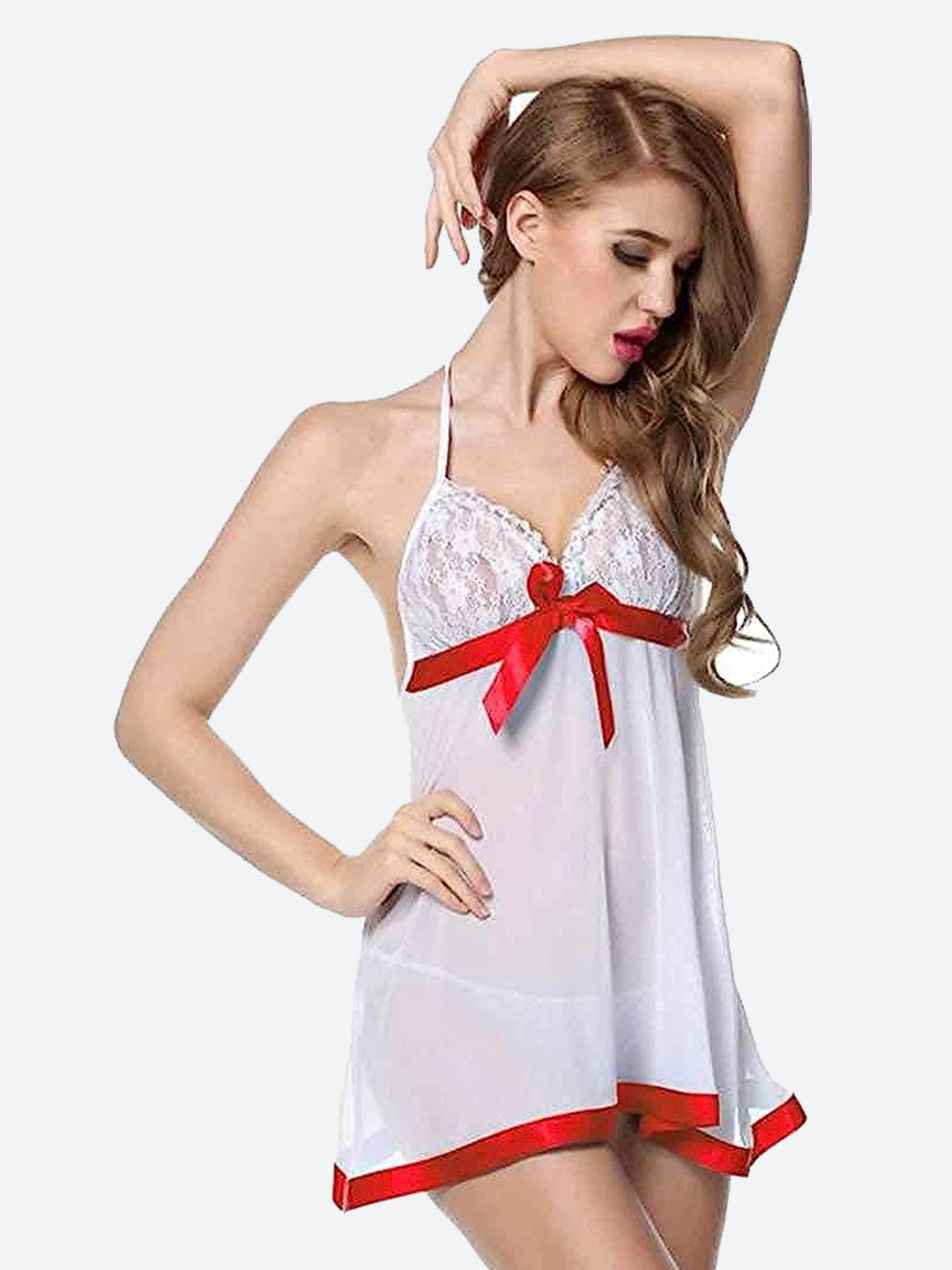 Women's Lace Sheer Babydoll Lingerie with  Black ,Red ,Sky Blue  Bow – Sexy Halter Neck Nightwear