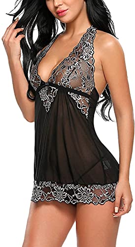 Lingerie Set Sexy Babydoll Nightwear in Black, Blue and Maroon Colors - Sheer Lace Sleepwear with Adjustable Straps"