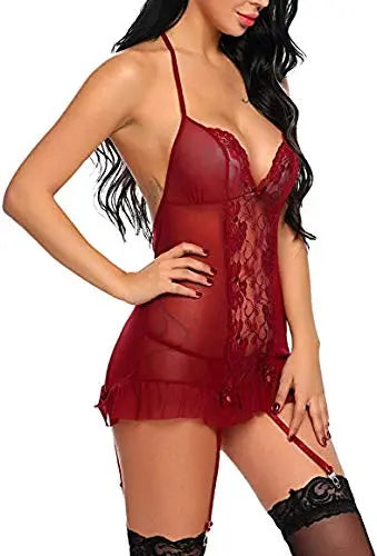 Lace Sheer Babydoll with Adjustable Garters and Deep V-Neck - Available in Red and White - luxuriesbliss