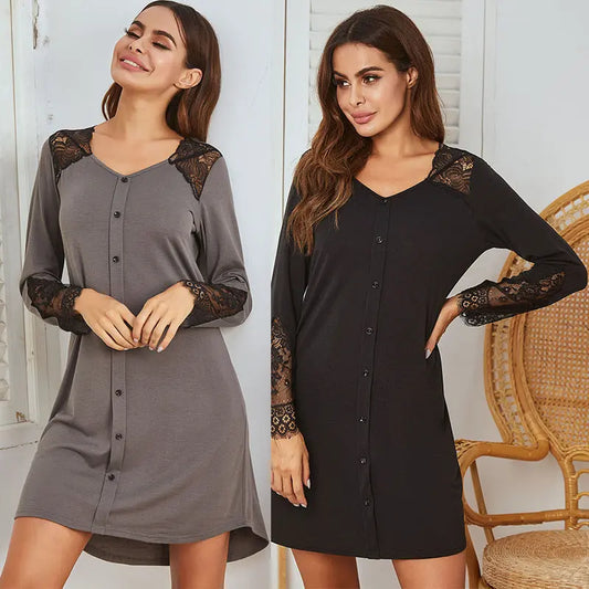 Nightdress Long Sleeve Lace Stitching Fake Placket Nightdress - luxuriesbliss