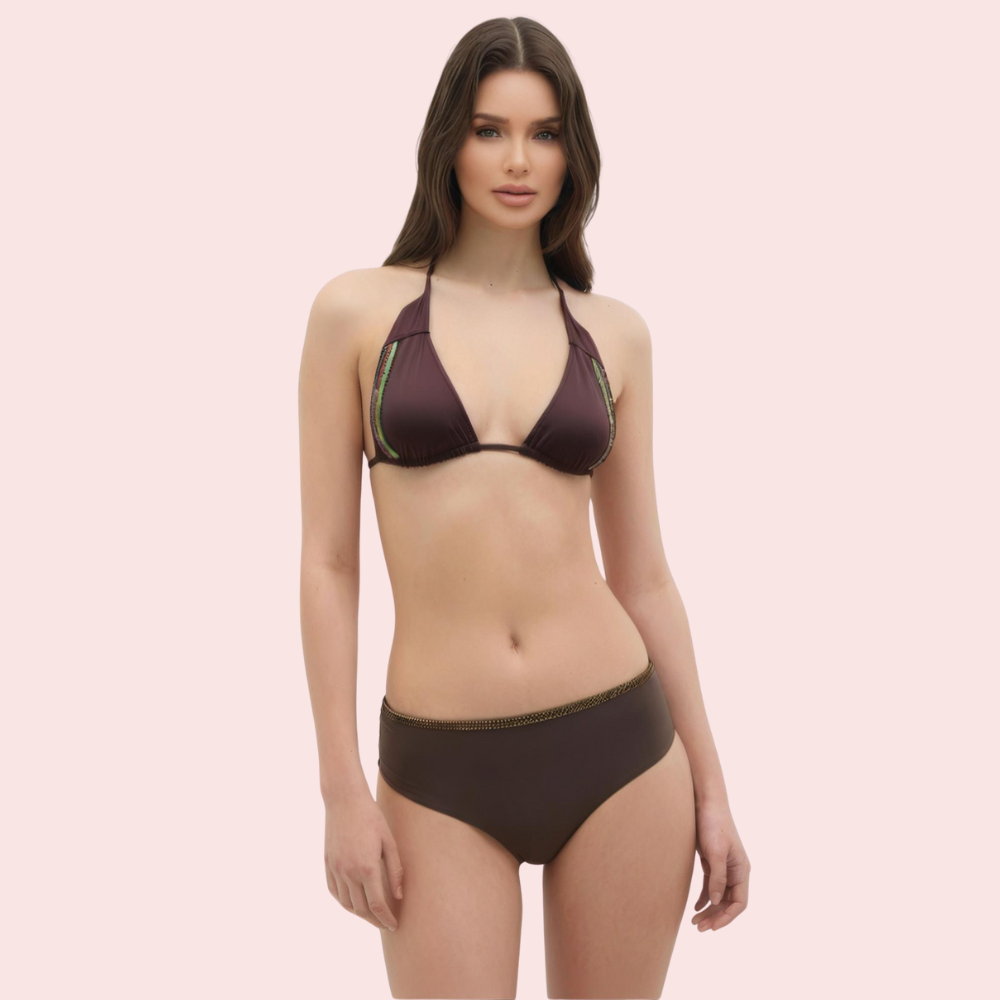 Espresso Dream Embellished Trim Triangle Bikini Top (Top Only)