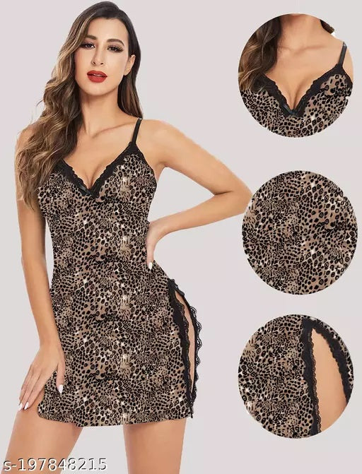 Women's Leopard Print Lace Trim Babydoll Lingerie Nightwear – Sexy Sleepwear with Adjustable Straps