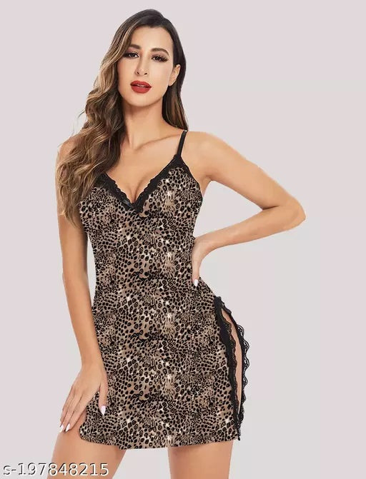 Women's Leopard Print Lace Trim Babydoll Lingerie Nightwear – Sexy Sleepwear with Adjustable Straps