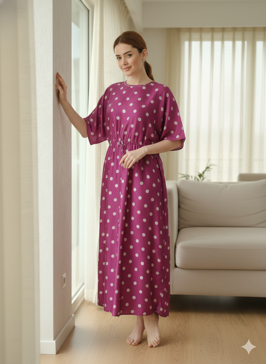 Women’s Polka Dot Kaftan Nighty | Full-Length Nightwear