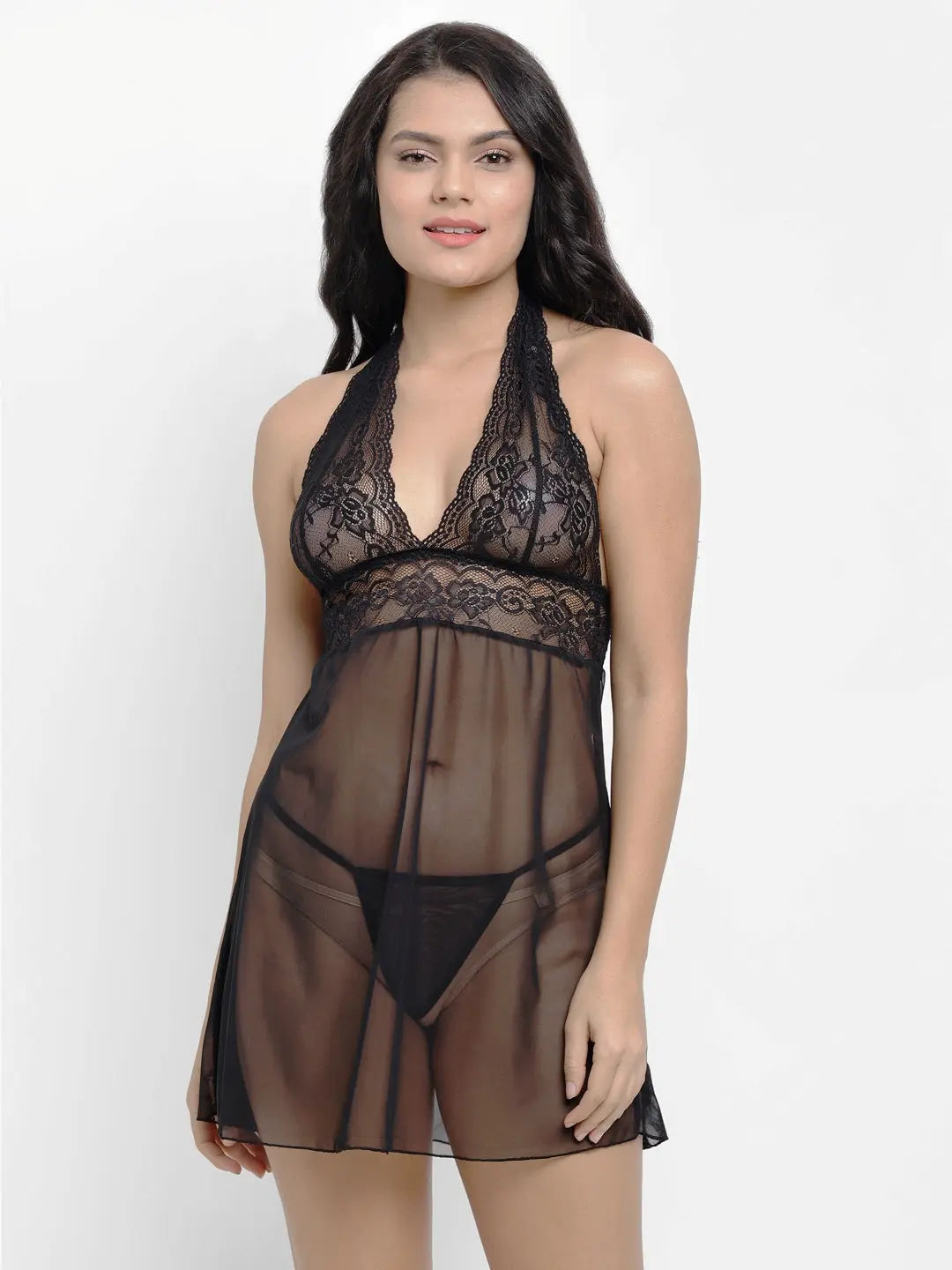 Sexy Deep Neck Babydoll Nighty Wine and Black Colour with G-String Panty - Soft Nylon Lace - luxuriesbliss