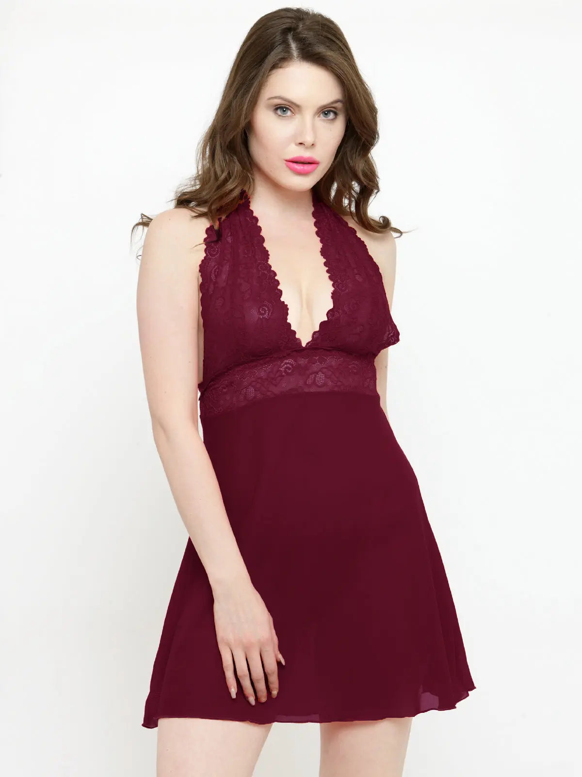 Sexy Deep Neck Babydoll Nighty Wine and Black Colour with G-String Panty - Soft Nylon Lace - luxuriesbliss