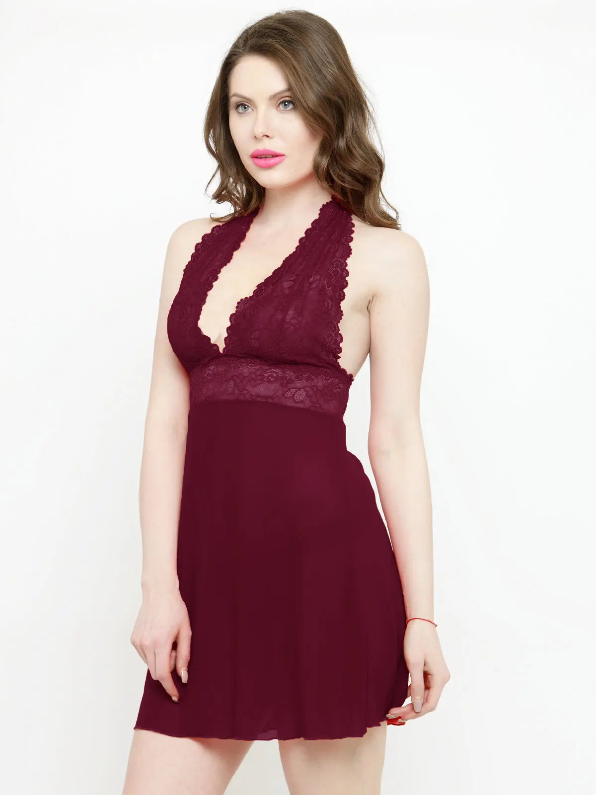 Sexy Deep Neck Babydoll Nighty Wine and Black Colour with G-String Panty - Soft Nylon Lace - luxuriesbliss