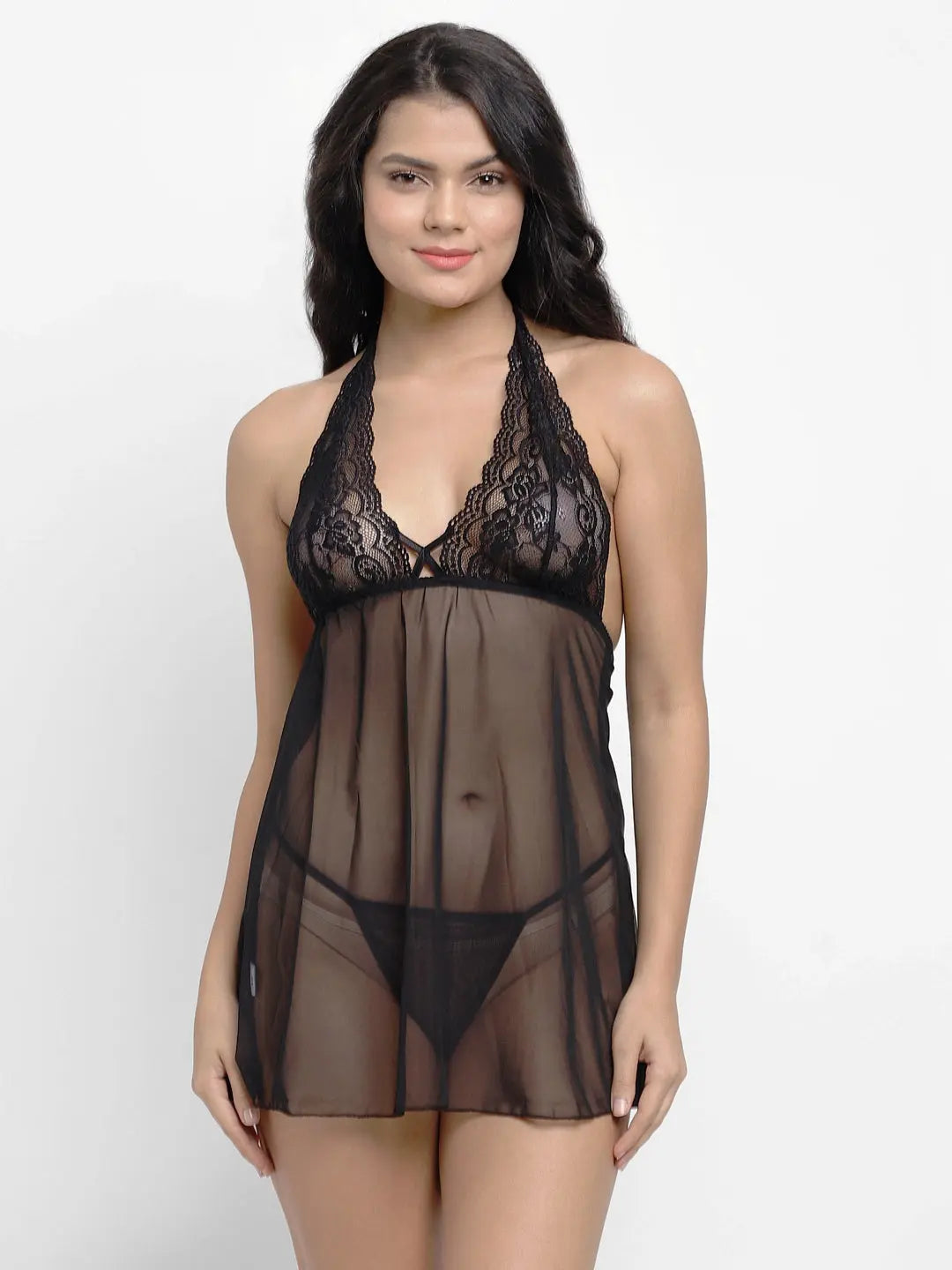 Women's Lace &amp; Polyamide Spandex Mix Floral Mini Pink or Black Babydoll With Panty - luxuriesbliss