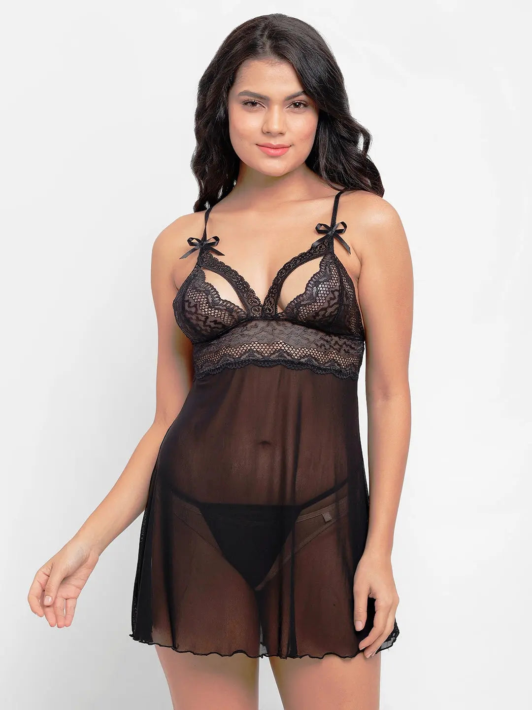 Relaxed Fit Nylon Elastane Babydoll with Thong - Black - luxuriesbliss