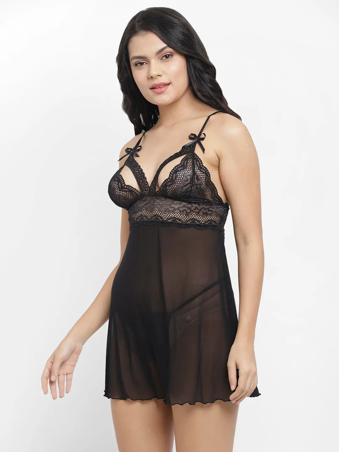 Relaxed Fit Nylon Elastane Babydoll with Thong - Black - luxuriesbliss