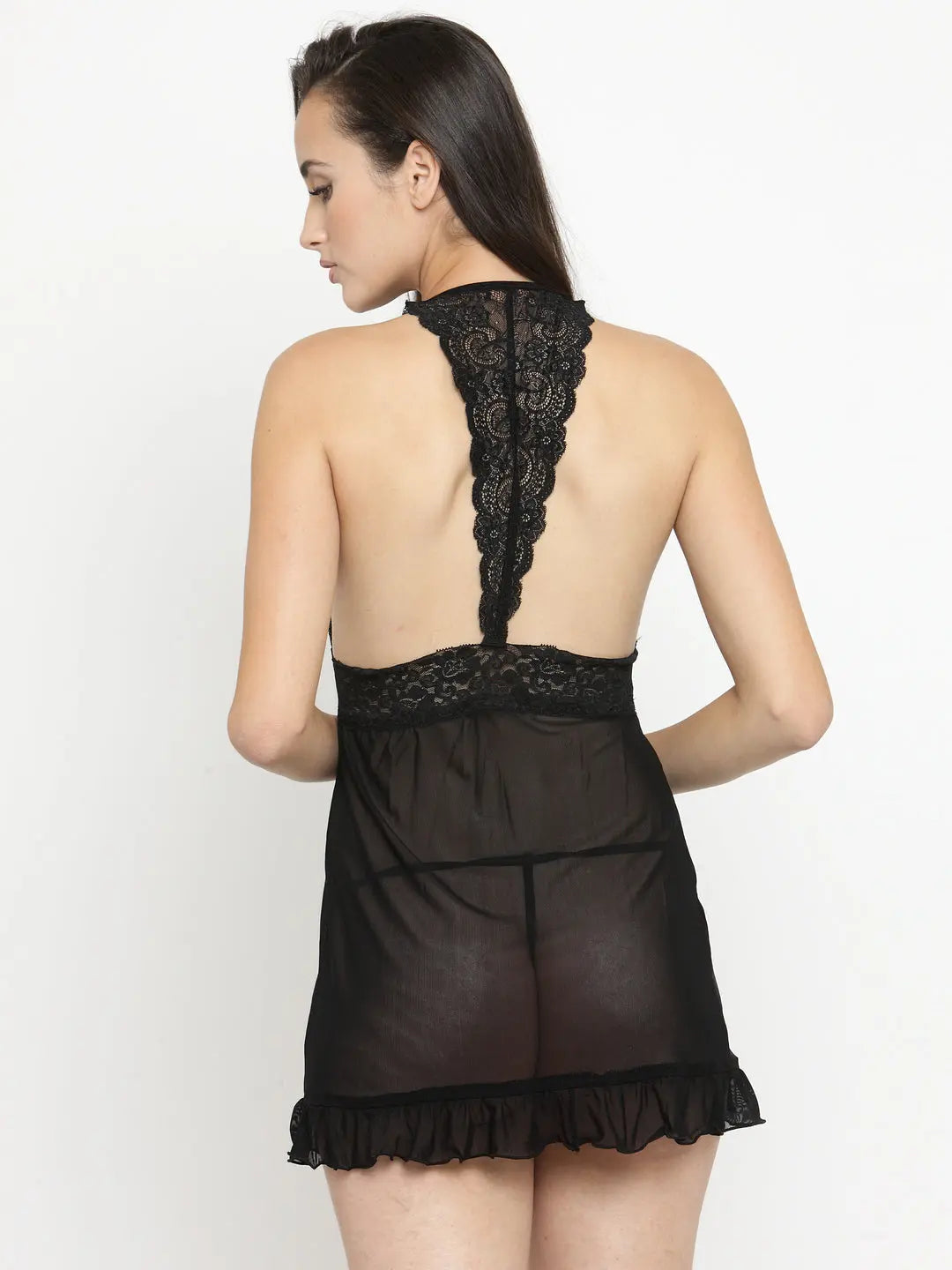 Relaxed Fit Nylon Elastane Babydoll with Thong - Black - luxuriesbliss