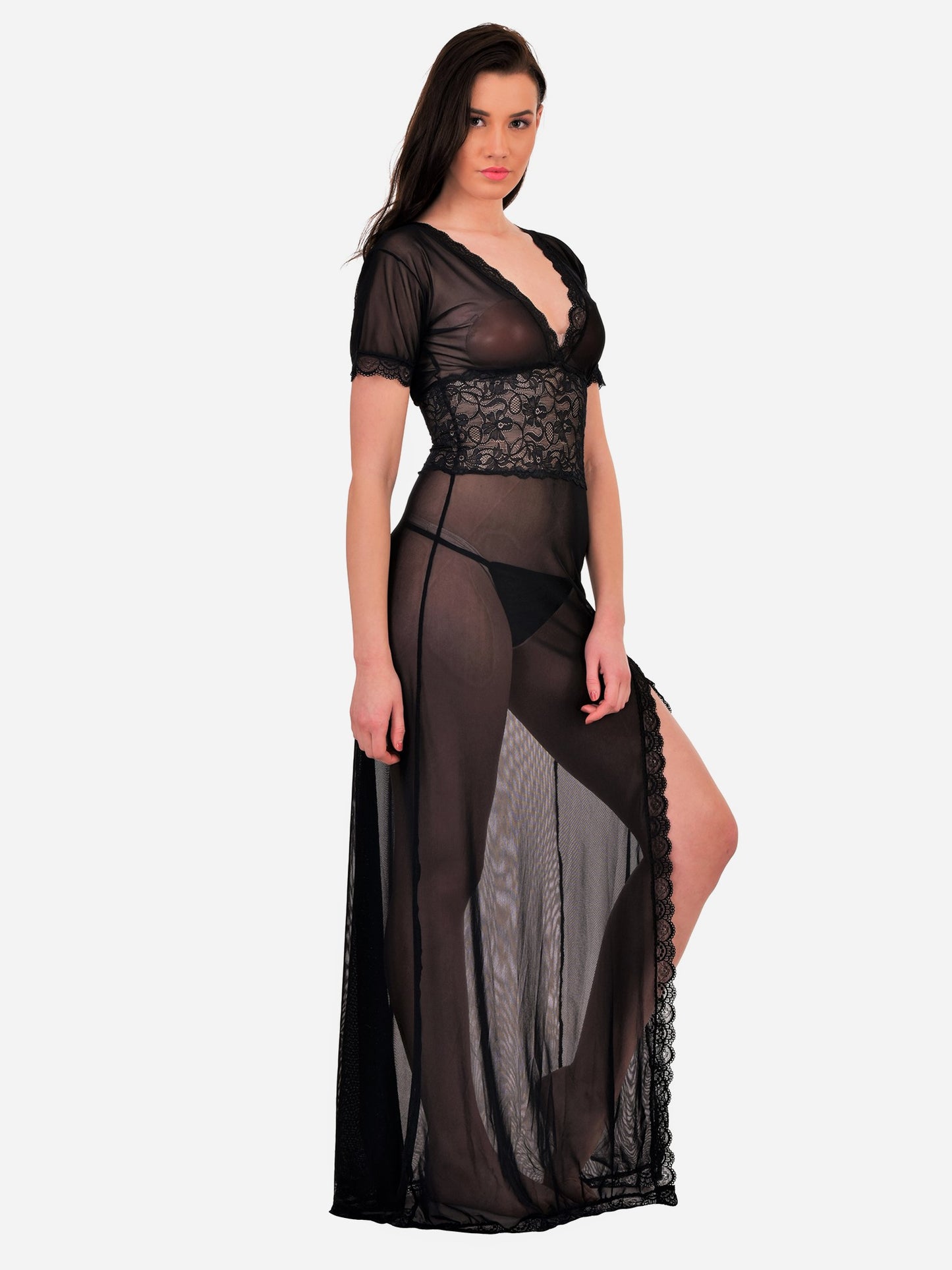 Sexy Deep V Neck Hot Honeymoon Maxi Night Dress Nightwear with G-String Panty Trendy Night Gown for Women