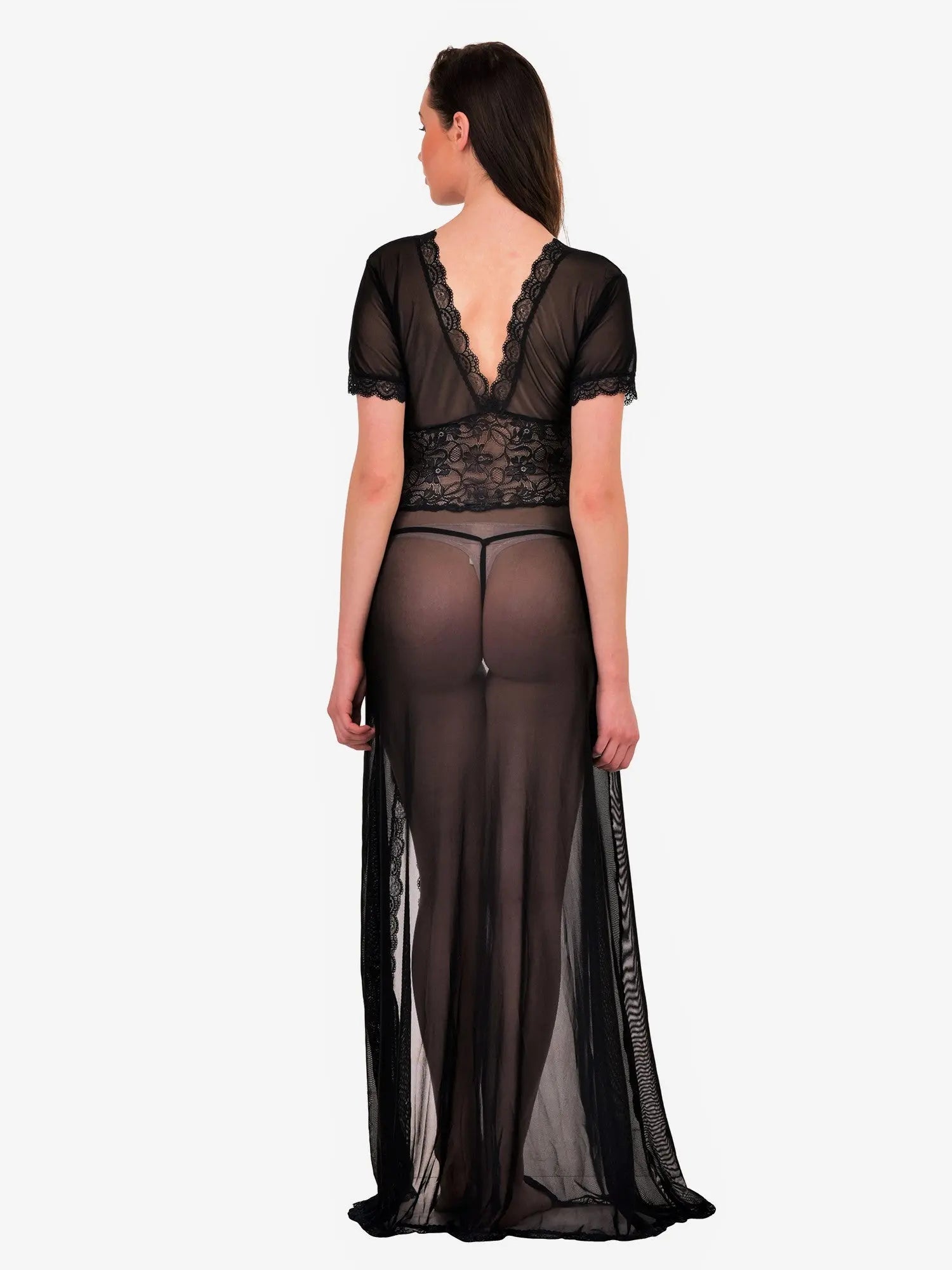 Sexy Deep V Neck Hot Honeymoon Maxi Night Dress Nightwear with G-String Panty Trendy Night Gown for Women - luxuriesbliss