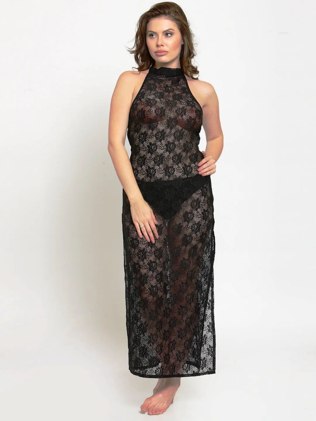 Women Deep Neck Lace Bridal nightwear  with G-String - luxuriesbliss