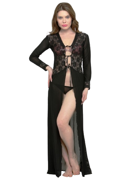 Women Deep Neck Black Lace Bridal Nightgown Nightwear with G-String