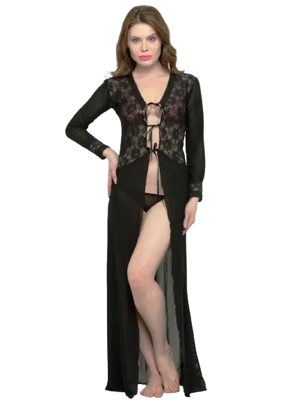 Women Deep Neck Black Lace Bridal Nightgown Nightwear with G-String - luxuriesbliss