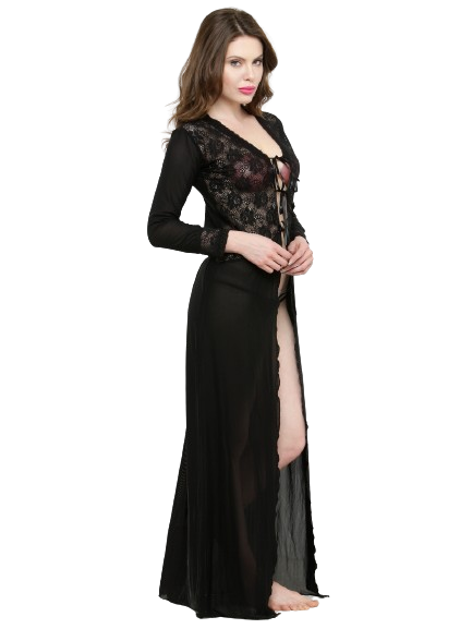 Women Deep Neck Black Lace Bridal Nightgown Nightwear with G-String