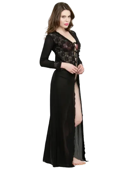 Women Deep Neck Black Lace Bridal Nightgown Nightwear with G-String - luxuriesbliss