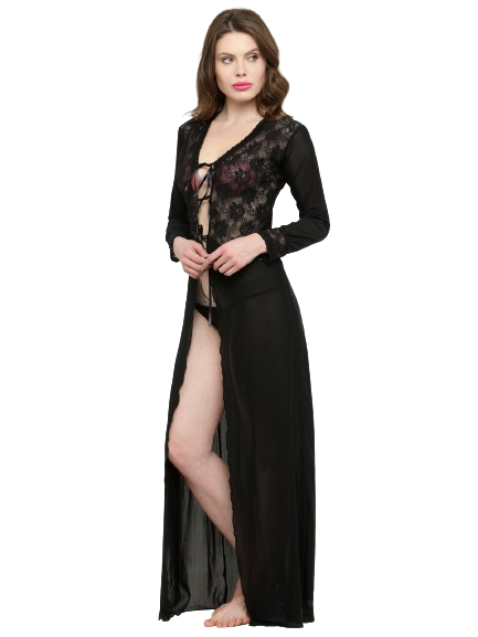 Women Deep Neck Black Lace Bridal Nightgown Nightwear with G-String