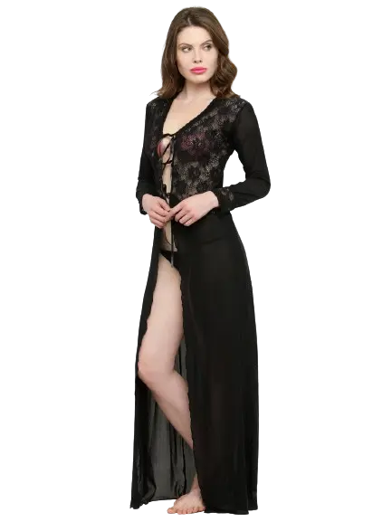 Women Deep Neck Black Lace Bridal Nightgown Nightwear with G-String - luxuriesbliss