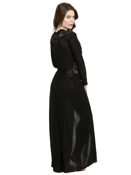 Women Deep Neck Black Lace Bridal Nightgown Nightwear with G-String - luxuriesbliss