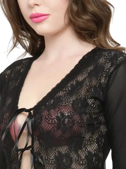 Women Deep Neck Black Lace Bridal Nightgown Nightwear with G-String - luxuriesbliss