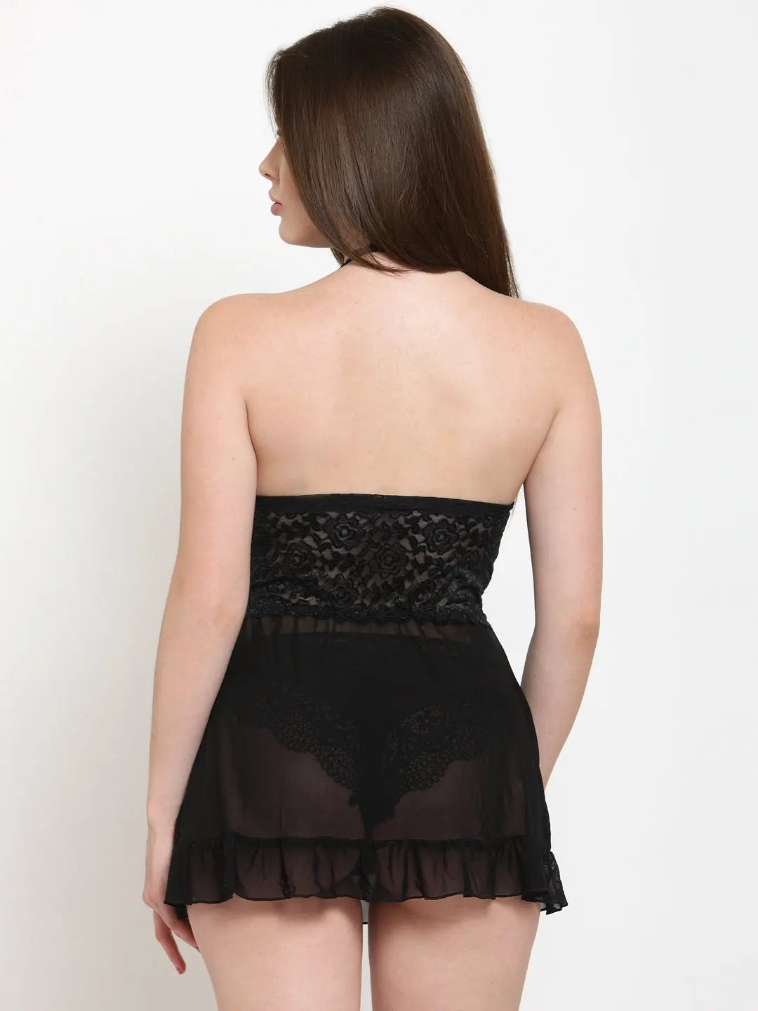 Front Cut Out Lace Halter Neck Sheer Black Babydoll Night Dress - luxuriesbliss