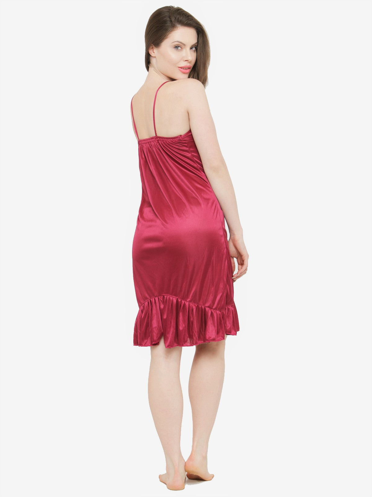 Women's Satin Lace Deep Neck Ruffle Edge Nighty Night Dress Nightwear_Maroon