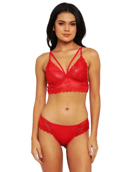 Deep Neck Lace Bra Panty Set