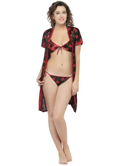 Women Printed Robe and Lingerie Set - luxuriesbliss