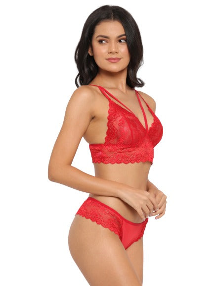 Deep Neck Lace Bra Panty Set