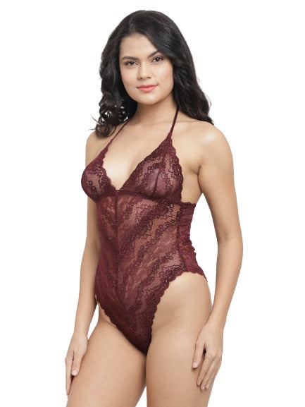 Lycra Lace Deep Neck Leotard Teddy Bodysuit Maroon and Red