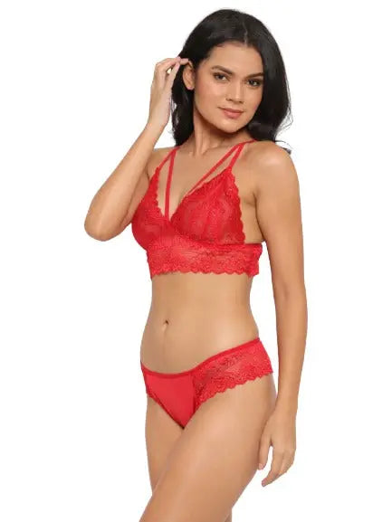 Deep Neck Lace Bra Panty Set - luxuriesbliss