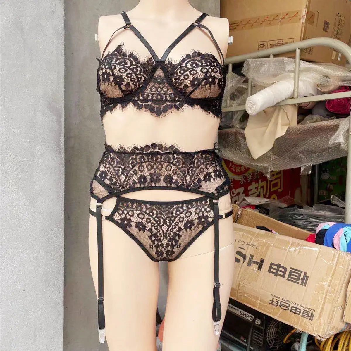 Solid Color Eyelash Lace Lingerie Three-piece Sexy - luxuriesbliss