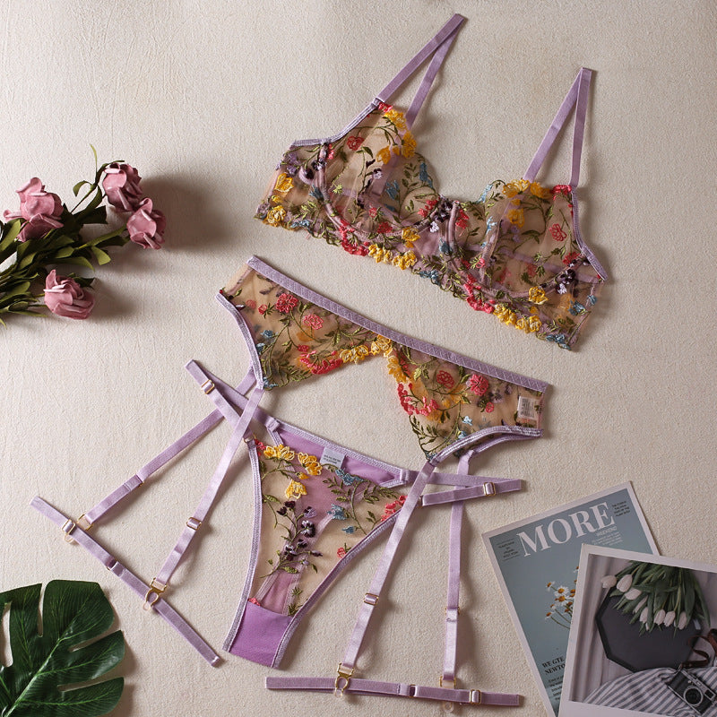 Women&#39;s Fashion Floral Bra Panty Garter Set