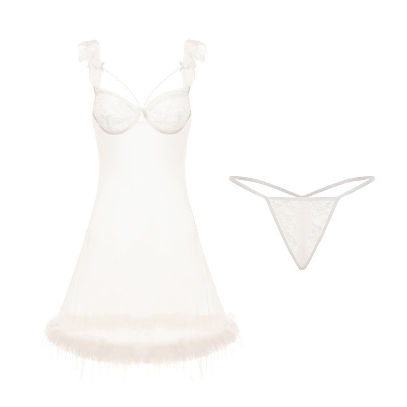 Plus Size Pure Desire Sheer Mesh Cute Flounced Sleeve Deep V Plus Steel Ring Night Skirt Suit